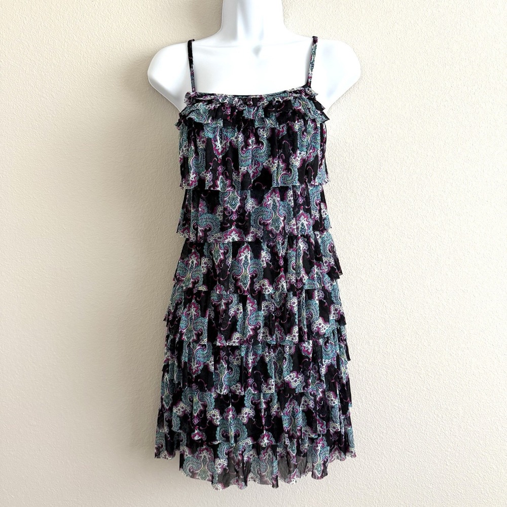 Express Y2K Ruffle Paisley Mini Dress Womens Small Dark Fairy Mesh Colorful Boho